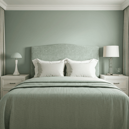 AI interior design bedroom with sage walls and velvet headboard