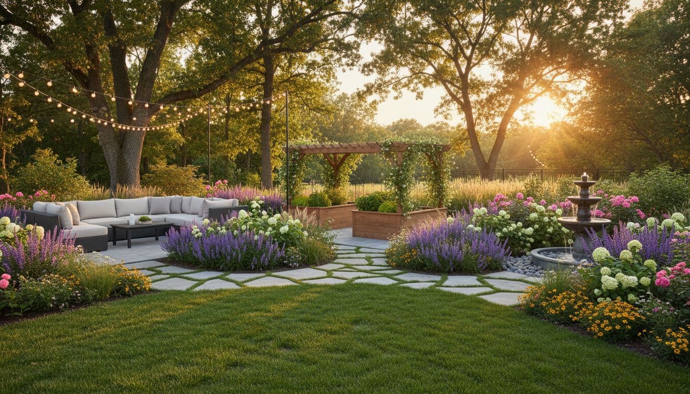 Beautiful AI garden design with stone pathway through flower beds outdoor seating area string lights and wooden pergola