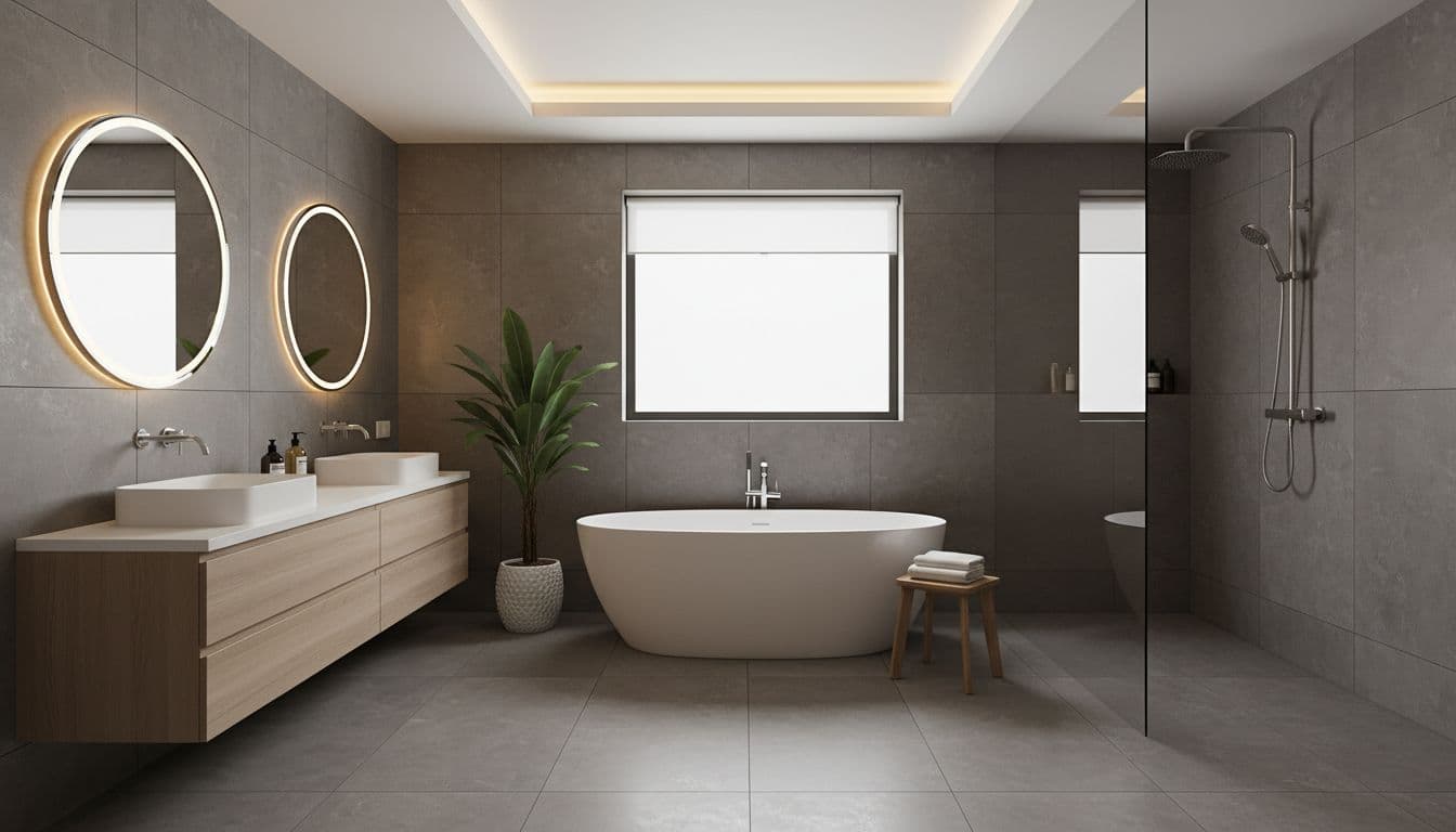 Luxurious modern spa bathroom with freestanding bathtub and floating vanity designed using AI room design online tool