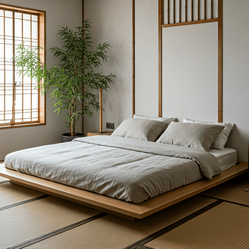 Japandi style AI interior design with low platform bed and bamboo accents